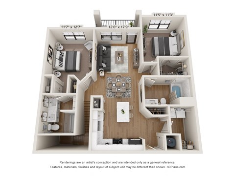 Floor plan for 2 beds, 2 baths, 1177 sqft